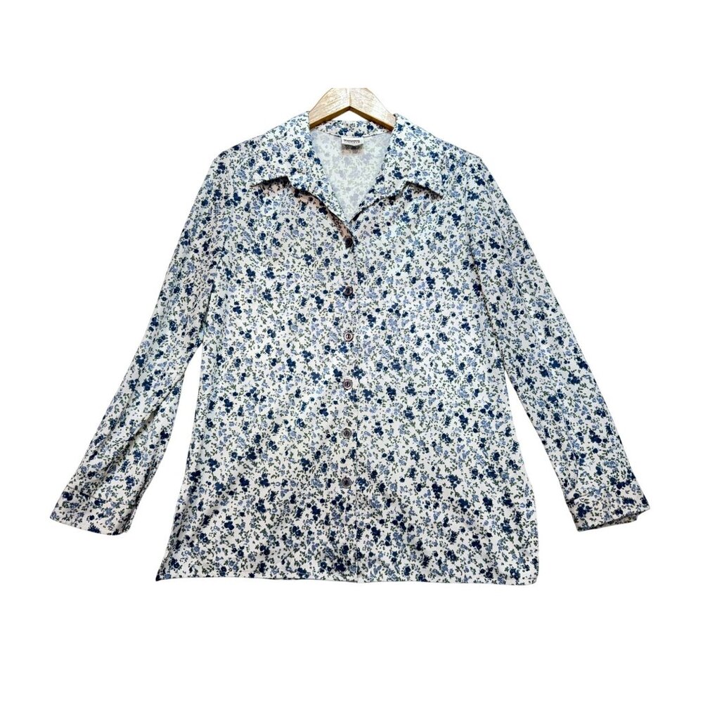 Vintage Montgomery Ward Floral Button-Up Blouse Womens Size 18 Blue White Casual